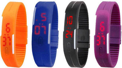 

NS18 Silicone Led Magnet Band Watch Combo of 4 Orange, Blue, Black And Purple Watch - For Couple