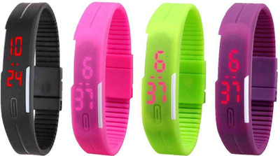 

NS18 Silicone Led Magnet Band Watch Combo of 4 Black, Pink, Green And Purple Watch - For Couple