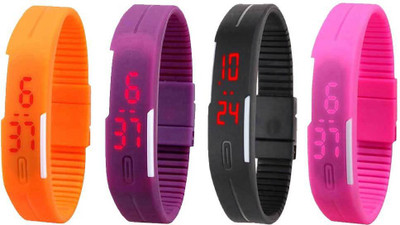 

NS18 Silicone Led Magnet Band Combo of 4 Orange, Purple, Black And Pink Watch - For Boys & Girls