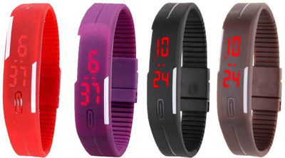 

NS18 Silicone Led Magnet Band Combo of 4 Red, Purple, Black And Brown Watch - For Boys & Girls