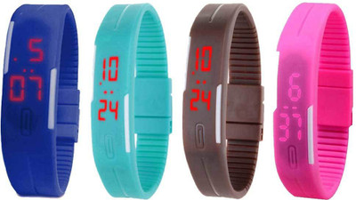 

NS18 Silicone Led Magnet Band Combo of 4 Blue, Sky Blue, Brown And Pink Watch - For Boys & Girls