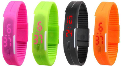 

NS18 Silicone Led Magnet Band Combo of 4 Pink, Green, Black And Orange Watch - For Boys & Girls