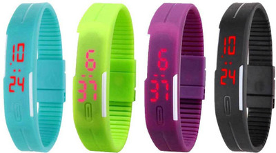 

NS18 Silicone Led Magnet Band Combo of 4 Sky Blue, Green, Purple And Black Watch - For Boys & Girls
