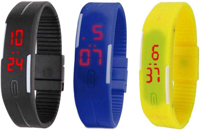 

NS18 Silicone Led Magnet Band Combo of 3 Black, Blue And Yellow Watch - For Boys & Girls