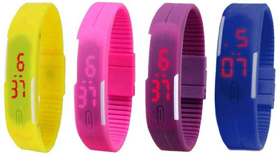 

NS18 Silicone Led Magnet Band Combo of 4 Yellow, Pink, Purple And Blue Watch - For Boys & Girls