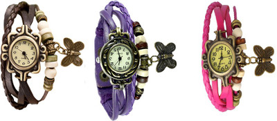 

Kissu Vintage Rakhi Watch Combo of 3 Brown, Purple And Pink Watch - For Women