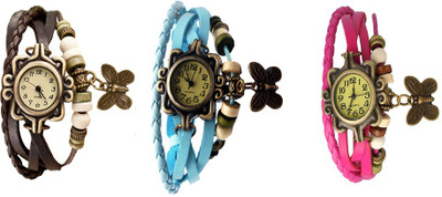 

Kissu Vintage Rakhi Watch Combo of 3 Brown, Sky Blue And Pink Watch - For Women