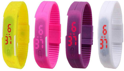 

NS18 Silicone Led Magnet Band Combo of 4 Yellow, Pink, Purple And White Watch - For Boys & Girls