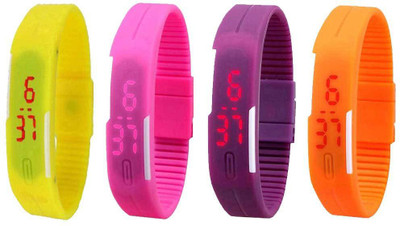 

NS18 Silicone Led Magnet Band Combo of 4 Yellow, Pink, Purple And Orange Watch - For Boys & Girls
