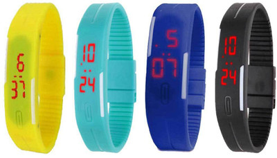 

NS18 Silicone Led Magnet Band Combo of 4 Yellow, Sky Blue, Blue And Black Watch - For Boys & Girls