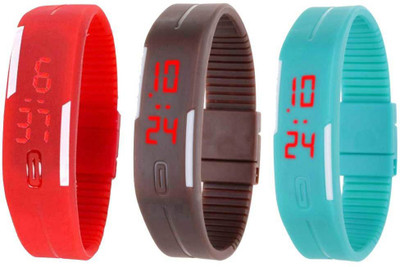 

NS18 Silicone Led Magnet Band Combo of 3 Red, Brown And Sky Blue Watch - For Boys & Girls