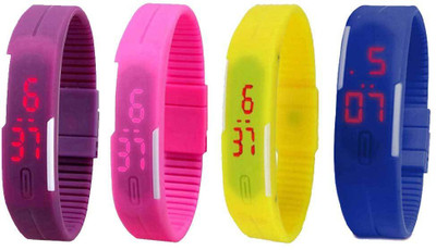 

NS18 Silicone Led Magnet Band Combo of 4 Purple, Pink, Yellow And Blue Watch - For Boys & Girls