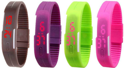 

NS18 Silicone Led Magnet Band Combo of 4 Brown, Purple, Green And Pink Watch - For Boys & Girls