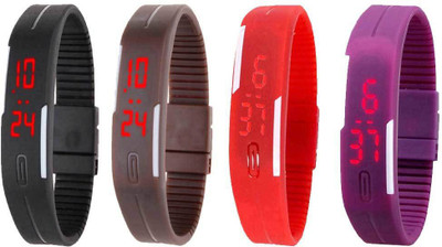 

NS18 Silicone Led Magnet Band Watch Combo of 4 Black, Brown, Red And Purple Watch - For Couple