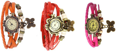 

NS18 Vintage Butterfly Rakhi Watch Combo of 3 Orange, Red And Pink Watch - For Women