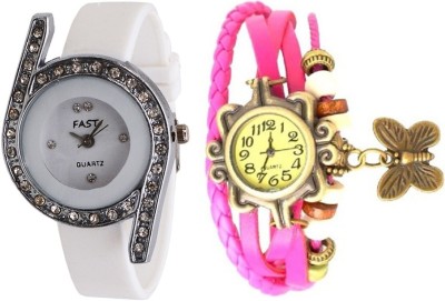 Pappi Boss QUALITY ASSURED Pack of 2 Classic White Stone Studded & Vintage Leather Pink Bracelet Butterfly Analog Watch  - For Women   Watches  (Pappi Boss)