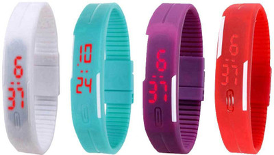 

NS18 Silicone Led Magnet Band Watch Combo of 4 White, Sky Blue, Purple And Red Watch - For Couple