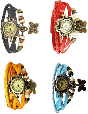 

Kissu Vintage Rakhi Combo of 4 Black, Yellow, Red And Sky Blue Watch - For Women