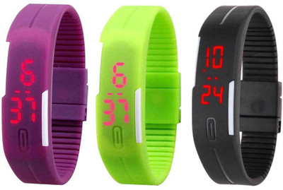RSN Silicone Led Magnet Band Combo of 3 Purple, Green And Black Digital Watch - For Men & Women