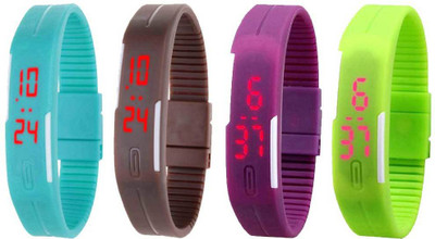 Kissu Led Magnet Band Combo of 4 Sky Blue, Brown, Purple And Green Watch - For Men & Women