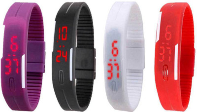 NS18 Silicone Led Magnet Band Watch Combo of 4 Purple, Black, White And Red Watch - For Couple