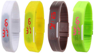 

NS18 Silicone Led Magnet Band Combo of 4 White, Yellow, Brown And Green Watch - For Boys & Girls