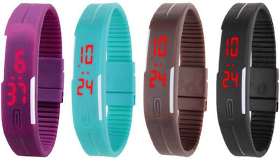 

NS18 Silicone Led Magnet Band Combo of 4 Purple, Sky Blue, Brown And Black Watch - For Boys & Girls