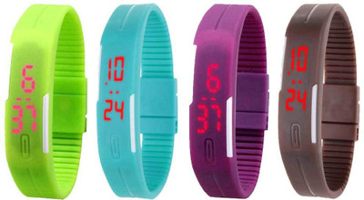 

NS18 Silicone Led Magnet Band Combo of 4 Green, Sky Blue, Purple And Brown Watch - For Boys & Girls