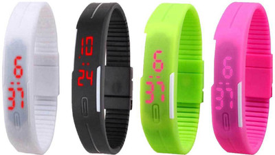 NS18 Silicone Led Magnet Band Combo of 4 White, Black, Green And Pink Watch - For Boys & Girls