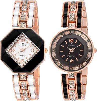 Swisstone CREM609-WHT-GOLD & CREM512-BLK-GOLD Analog Watch  - For Women   Watches  (Swisstone)