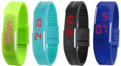 NS18 Silicone Led Magnet Band Combo of 4 Green, Sky Blue, Black And Blue Watch - For Boys & Girls