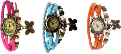 

Kissu Vintage Rakhi Watch Combo of 3 Pink, Sky Blue And Orange Watch - For Women