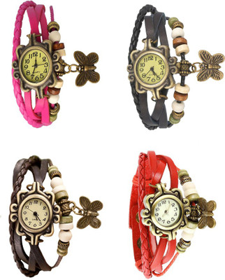 View NS18 Vintage Butterfly Rakhi Combo of 4 Pink, Brown, Black And Red Analog Watch  - For Women Wrist Watches Price Online(NS18)
