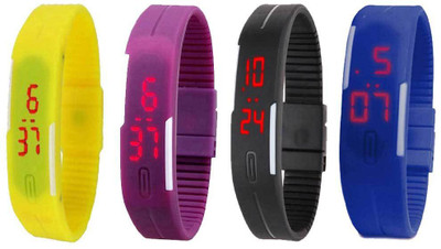 Kissu Led Magnet Band Combo of 4 Yellow, Purple, Black And Blue Watch - For Men & Women