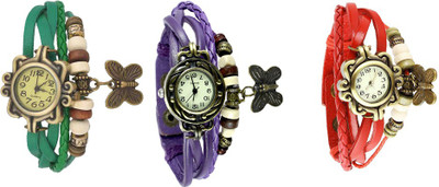 

Kissu Vintage Rakhi Watch Combo of 3 Green, Purple And Red Watch - For Women
