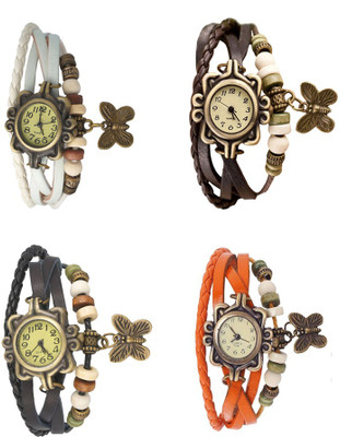 

Kissu Vintage Rakhi Combo of 4 White, Black, Brown And Orange Watch - For Women