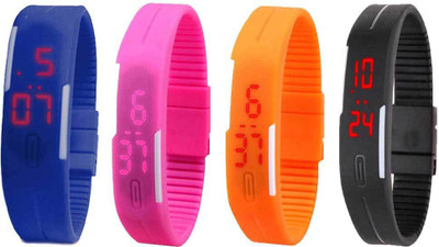 

NS18 Silicone Led Magnet Band Combo of 4 Blue, Pink, Orange And Black Watch - For Boys & Girls