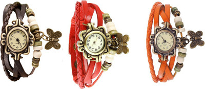 

Kissu Vintage Rakhi Watch Combo of 3 Brown, Red And Orange Watch - For Women