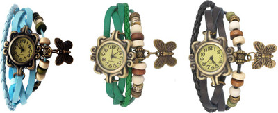 

Kissu Vintage Rakhi Watch Combo of 3 Sky Blue, Green And Black Watch - For Women