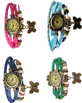 View NS18 Vintage Butterfly Rakhi Combo of 4 Pink, Blue, Sky Blue And Green Analog Watch  - For Women Wrist Watches Price Online(NS18)