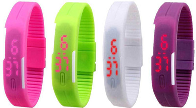 Kissu Led Magnet Band Combo of 4 Pink, Green, White And Purple Watch - For Men & Women