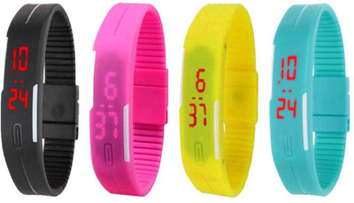 

NS18 Silicone Led Magnet Band Watch Combo of 4 Black, Pink, Yellow And Sky Blue Watch - For Couple