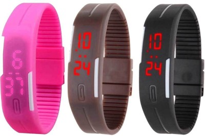 NS18 Silicone Led Magnet Band Combo of 3 Pink, Brown And Black Digital Watch  - For Boys & Girls   Watches  (NS18)
