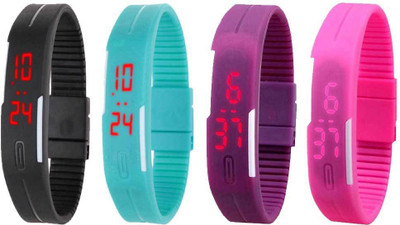 

NS18 Silicone Led Magnet Band Watch Combo of 4 Black, Sky Blue, Purple And Pink Watch - For Couple