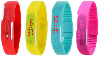 NS18 Silicone Led Magnet Band Watch Combo of 4 Red, Yellow, Sky Blue And Pink Watch - For Couple