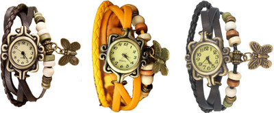 

NS18 Vintage Butterfly Rakhi Watch Combo of 3 Brown, Yellow And Black Watch - For Women