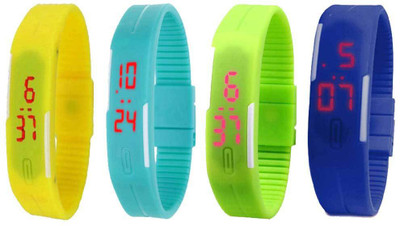 

NS18 Silicone Led Magnet Band Combo of 4 Yellow, Sky Blue, Green And Blue Watch - For Boys & Girls