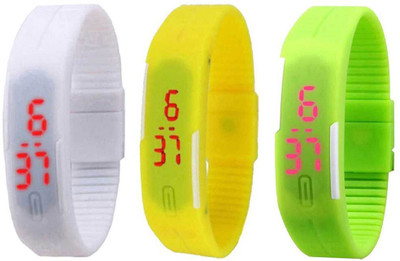 

NS18 Silicone Led Magnet Band Combo of 3 White, Yellow And Green Watch - For Boys & Girls