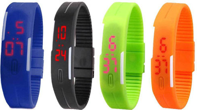 Kissu Led Magnet Band Combo of 4 Blue, Black, Green And Orange Watch - For Men & Women
