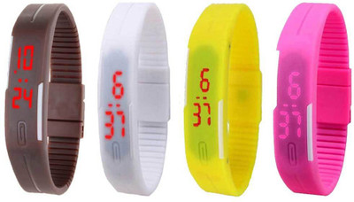 NS18 Silicone Led Magnet Band Watch Combo of 4 Brown, White, Yellow And Pink Watch - For Couple